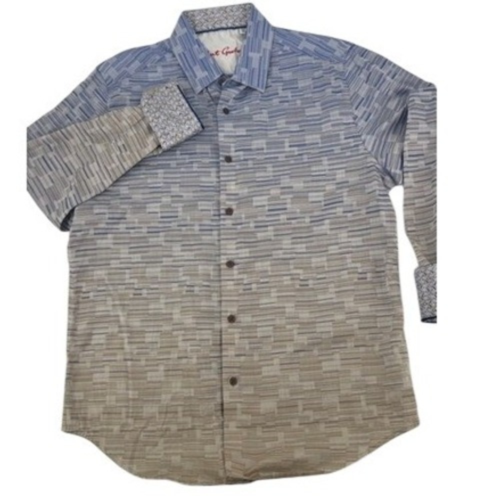 Robert Graham Ombre Flip Cuff Shirt Mens XL Blue Tan Geometric Jacquard Luxury